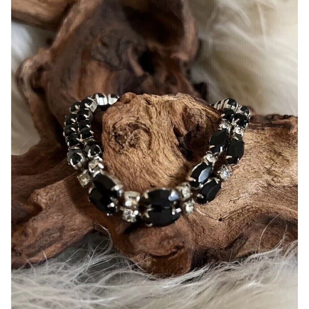 Vintage Kramer Signed Tennis Bracelet 7" Double Row Black Marquise + Rhinestones